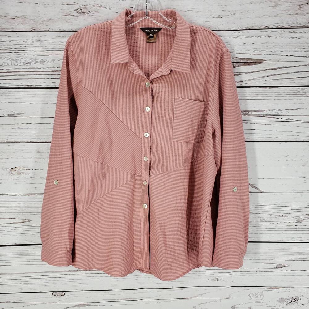 Multiples Coral Pink Stripe Roll Up Tab Sleeve Button Up Shirt Size PXL